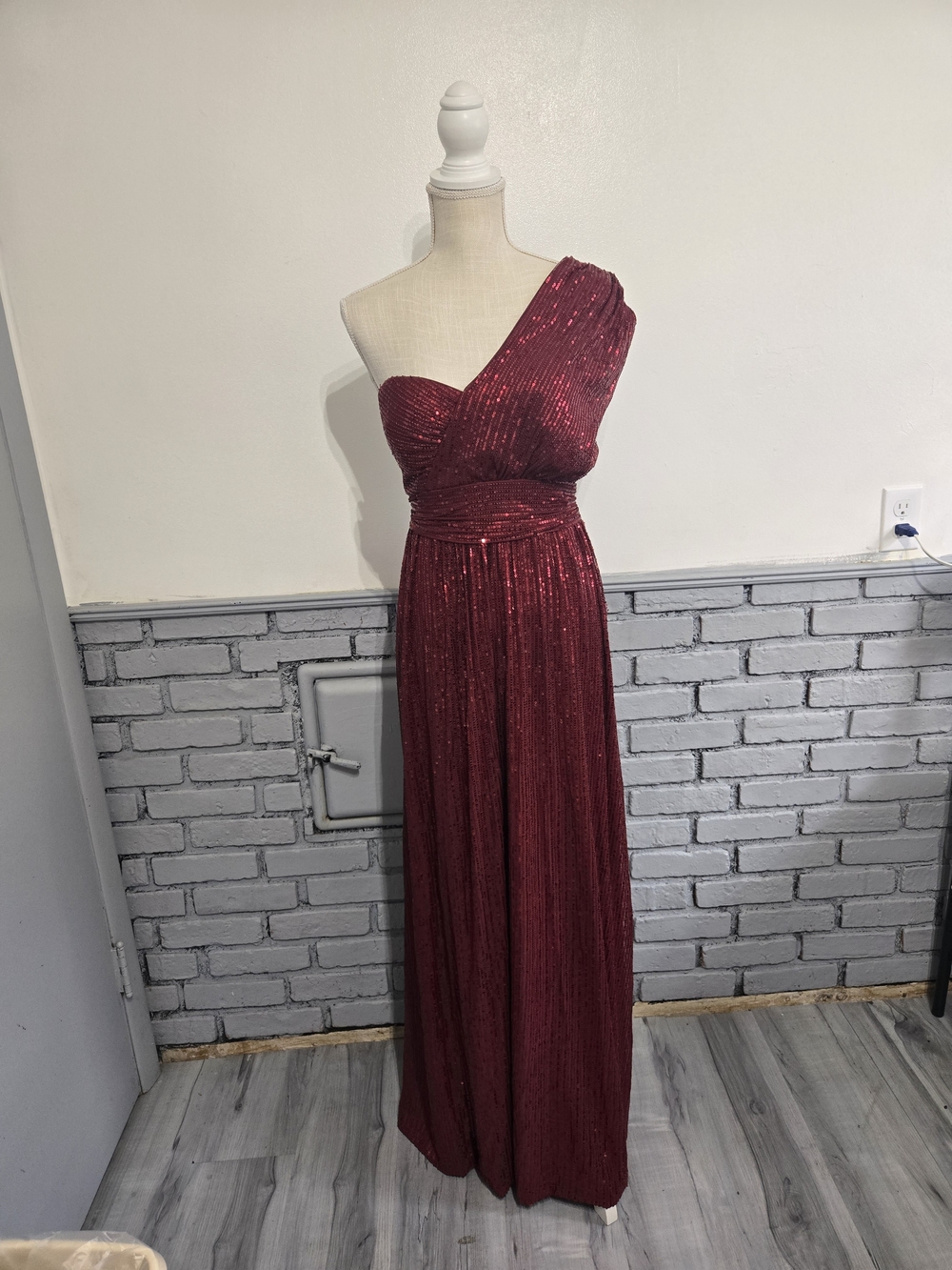 One-Shoulder Burgundy Sequin Evening Gown
